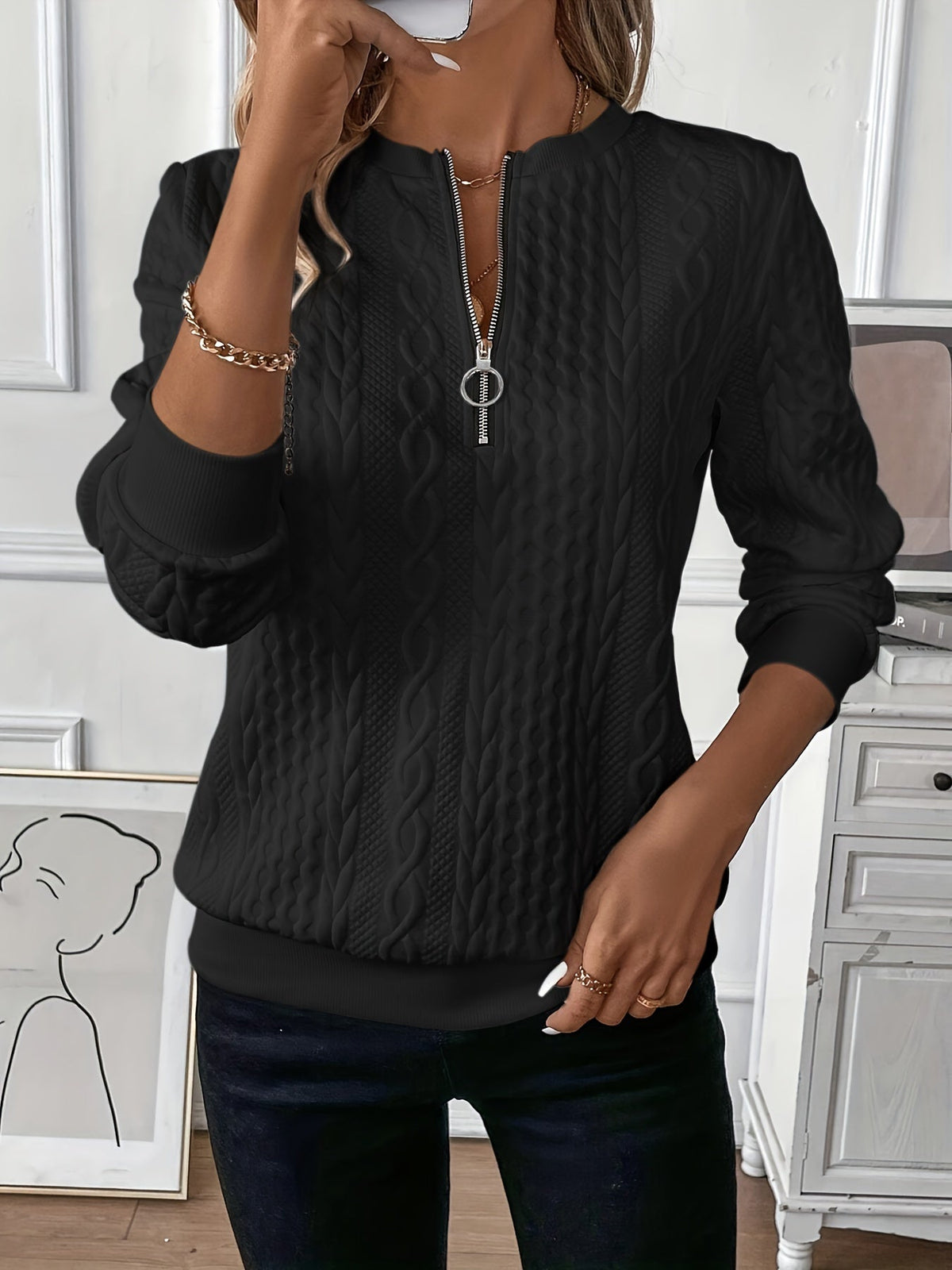 Beatrice – Zip-Up Cable Knit Jumper