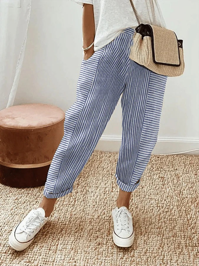 Kae – Striped Linen-Blend Trousers